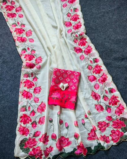 Soft Tabi Silk Kamal Print Saree | Cut Dana Handwork | Patola Blouse - Rosepetals Luxe