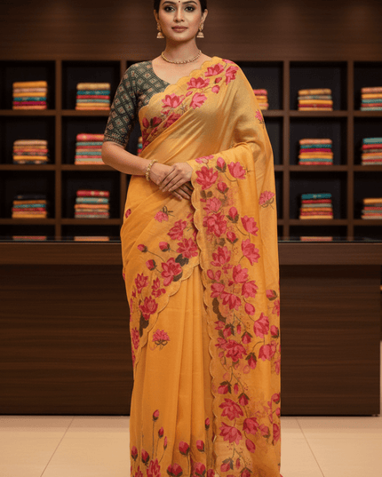 Soft Tabi Silk Kamal Print Saree | Cut Dana Handwork | Patola Blouse - Rosepetals Luxe
