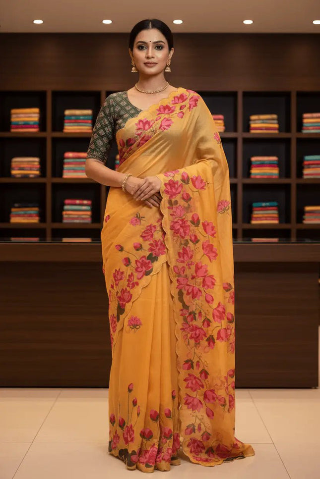 Soft Tabi Silk Kamal Print Saree | Cut Dana Handwork | Patola Blouse - Rosepetals Luxe