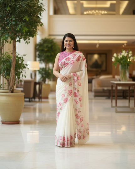 Soft Tabi Silk Kamal Print Saree | Cut Dana Handwork | Patola Blouse - Rosepetals Luxe