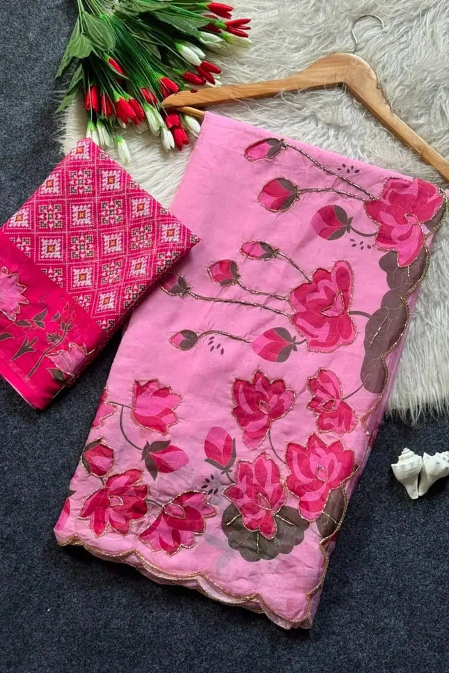 Soft Tabi Silk Kamal Print Saree | Cut Dana Handwork | Patola Blouse - Rosepetals Luxe