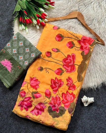 Soft Tabi Silk Kamal Print Saree | Cut Dana Handwork | Patola Blouse - Rosepetals Luxe