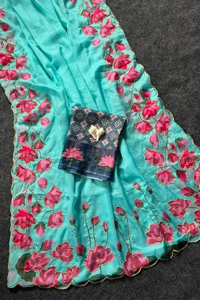 Soft Tabi Silk Kamal Print Saree | Cut Dana Handwork | Patola Blouse - Rosepetals Luxe