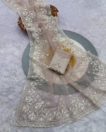 Soft Taby Organza Saree | Sequins Embroidered Pallu & Arco Cut Border | Embroidered Blouse - Rosepetals Luxe