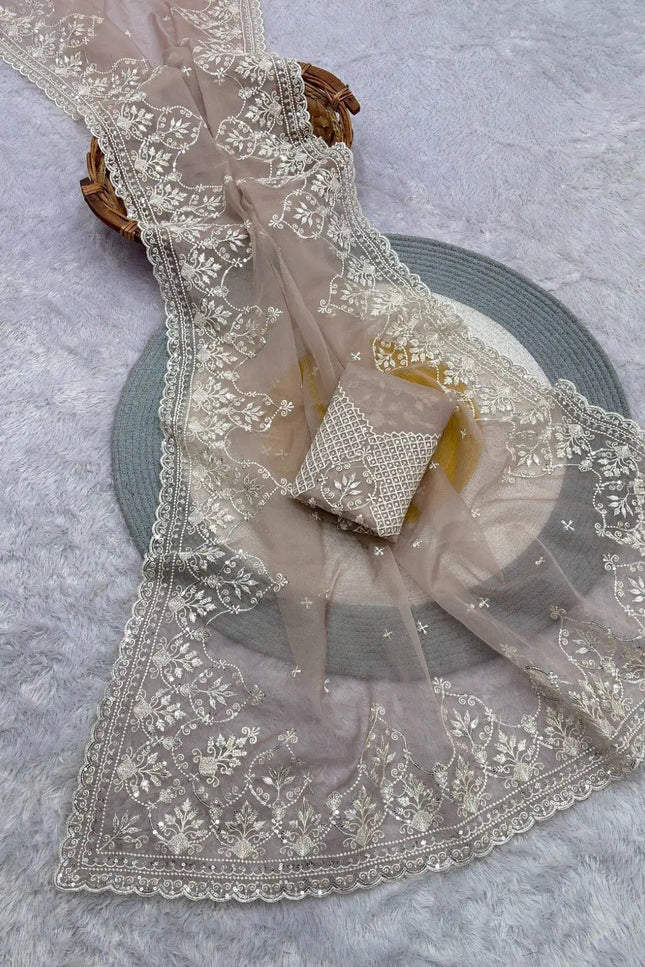 Soft Taby Organza Saree | Sequins Embroidered Pallu & Arco Cut Border | Embroidered Blouse - Rosepetals Luxe