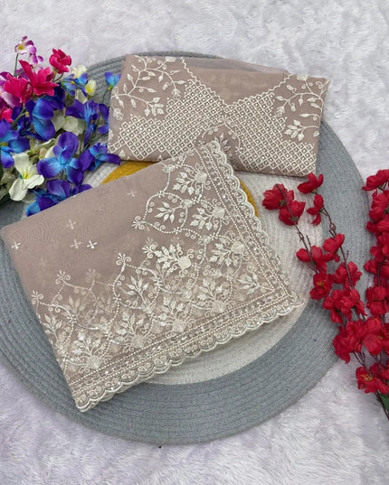 Soft Taby Organza Saree | Sequins Embroidered Pallu & Arco Cut Border | Embroidered Blouse - Rosepetals Luxe