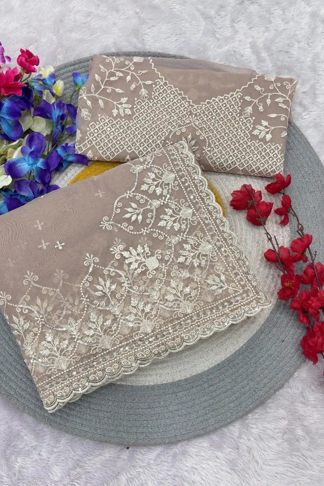Soft Taby Organza Saree | Sequins Embroidered Pallu & Arco Cut Border | Embroidered Blouse - Rosepetals Luxe