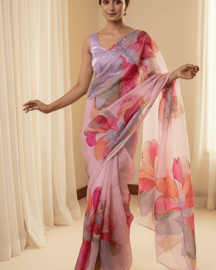 Soft Tebby Silk Floral Print Saree with Katdana Handwork and Plain Satin Blouse - Rosepetals Luxe