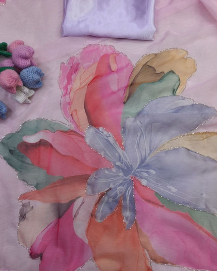 Soft Tebby Silk Floral Print Saree with Katdana Handwork and Plain Satin Blouse - Rosepetals Luxe