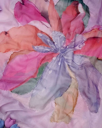 Soft Tebby Silk Floral Print Saree with Katdana Handwork and Plain Satin Blouse - Rosepetals Luxe