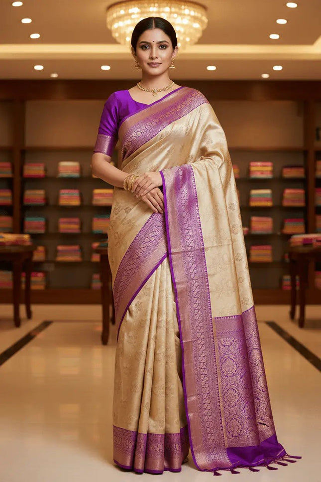 Soft Tissue Cotton Saree | Zari Border | Onam & Festive Wear - Rosepetals Luxe