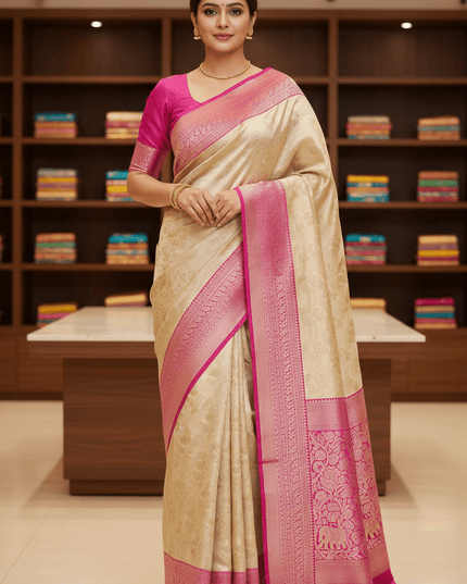 Soft Tissue Cotton Saree | Zari Border | Onam & Festive Wear - Rosepetals Luxe