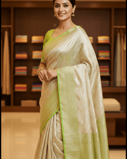 Soft Tissue Cotton Saree | Zari Border | Onam & Festive Wear - Rosepetals Luxe