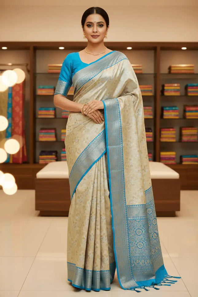 Soft Tissue Cotton Saree | Zari Border | Onam & Festive Wear - Rosepetals Luxe