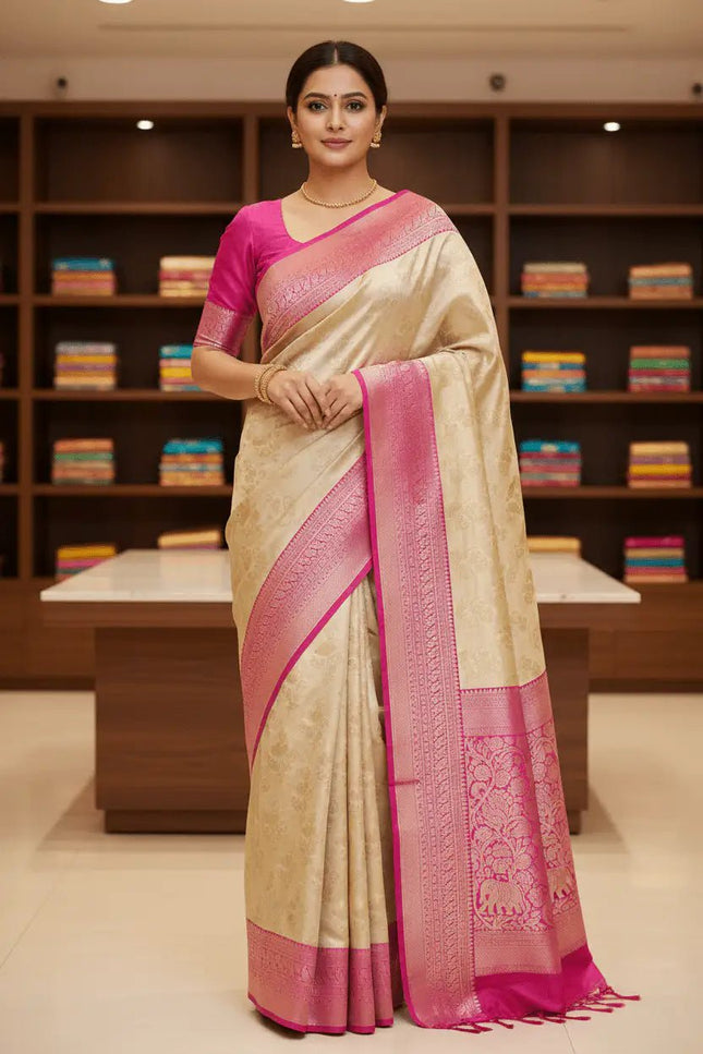 Soft Tissue Cotton Saree | Zari Border | Onam & Festive Wear - Rosepetals Luxe