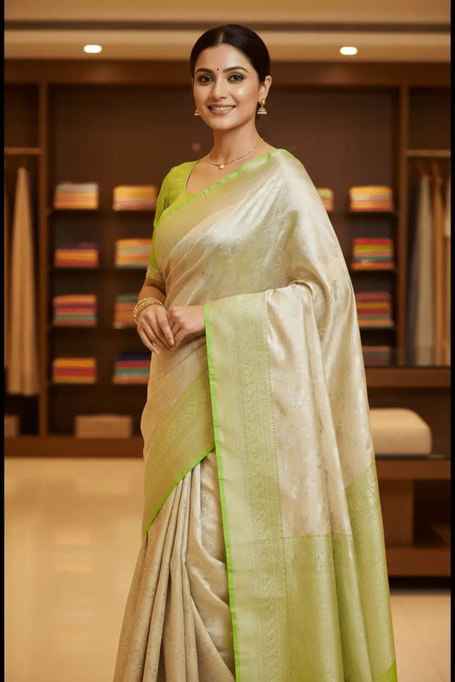 Soft Tissue Cotton Saree | Zari Border | Onam & Festive Wear - Rosepetals Luxe