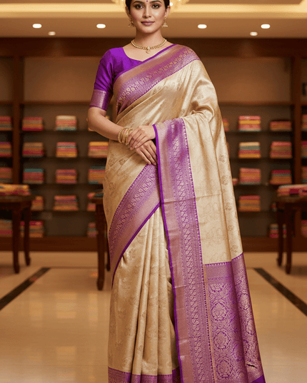 Soft Tissue Cotton Saree | Zari Border | Onam & Festive Wear - Rosepetals Luxe