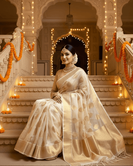 Soft Tissue Organza Silk Saree with Jacquard Woven Butti, Embroidered Pallu & Running Blouse - Rosepetals Luxe