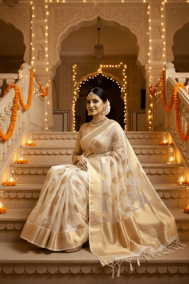 Soft Tissue Organza Silk Saree with Jacquard Woven Butti, Embroidered Pallu & Running Blouse - Rosepetals Luxe