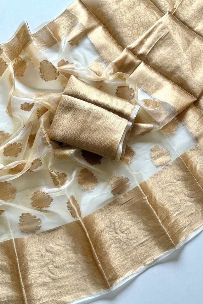Soft Tissue Organza Silk Saree with Jacquard Woven Butti, Embroidered Pallu & Running Blouse - Rosepetals Luxe