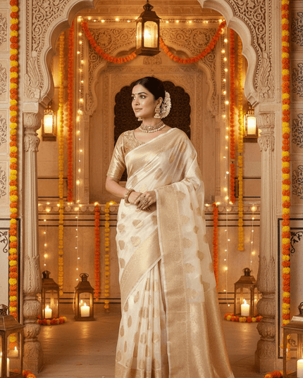 Soft Tissue Organza Silk Saree with Jacquard Woven Butti, Embroidered Pallu & Running Blouse - Rosepetals Luxe