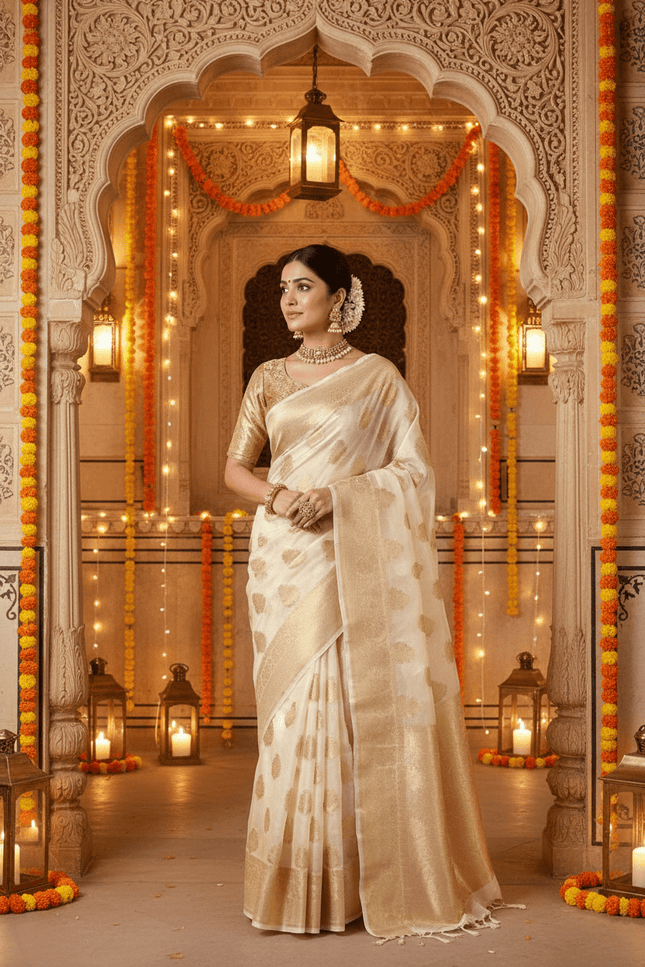 Soft Tissue Organza Silk Saree with Jacquard Woven Butti, Embroidered Pallu & Running Blouse - Rosepetals Luxe
