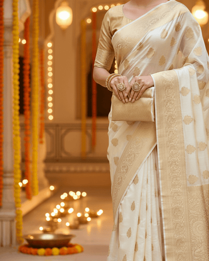 Soft Tissue Organza Silk Saree with Jacquard Woven Butti, Embroidered Pallu & Running Blouse - Rosepetals Luxe
