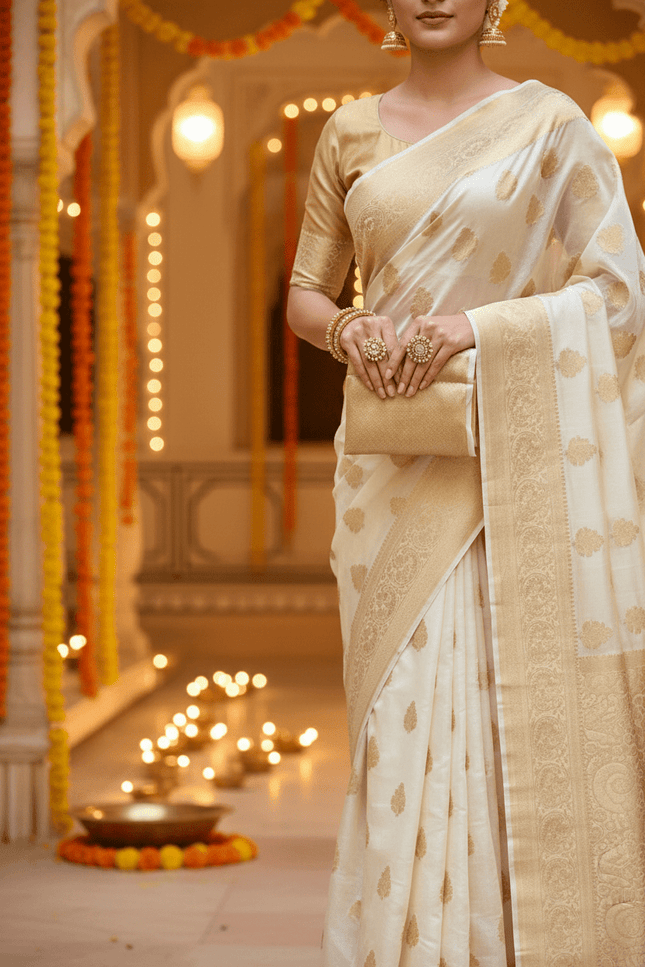 Soft Tissue Organza Silk Saree with Jacquard Woven Butti, Embroidered Pallu & Running Blouse - Rosepetals Luxe
