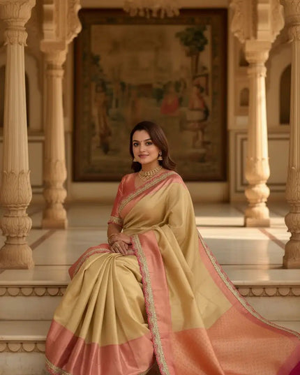 Soft Tissue Silk Saree | Sequin, Coding & Embroidery Lace Border | Brocade Blouse | Champagne Gold - Rosepetals Luxe