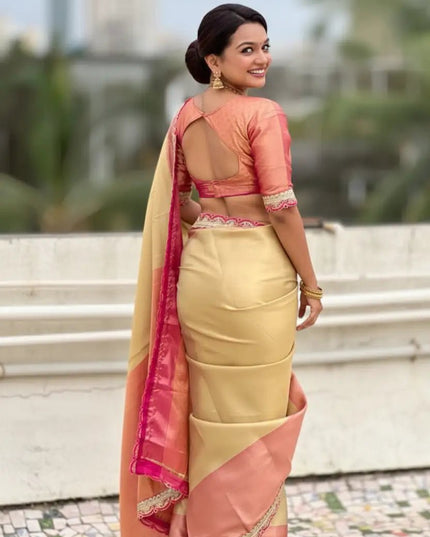 Soft Tissue Silk Saree | Sequin, Coding & Embroidery Lace Border | Brocade Blouse | Champagne Gold - Rosepetals Luxe
