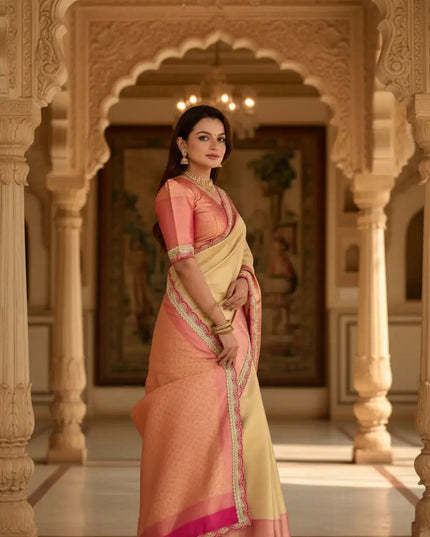Soft Tissue Silk Saree | Sequin, Coding & Embroidery Lace Border | Brocade Blouse | Champagne Gold - Rosepetals Luxe