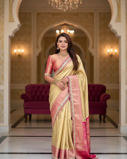 Soft Tissue Silk Saree | Sequin, Coding & Embroidery Lace Border | Brocade Blouse | Champagne Gold - Rosepetals Luxe