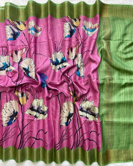 Soft Tussar Silk Saree with Heart Print & Checks | Tasselled Designer Blouse - Rosepetals Luxe
