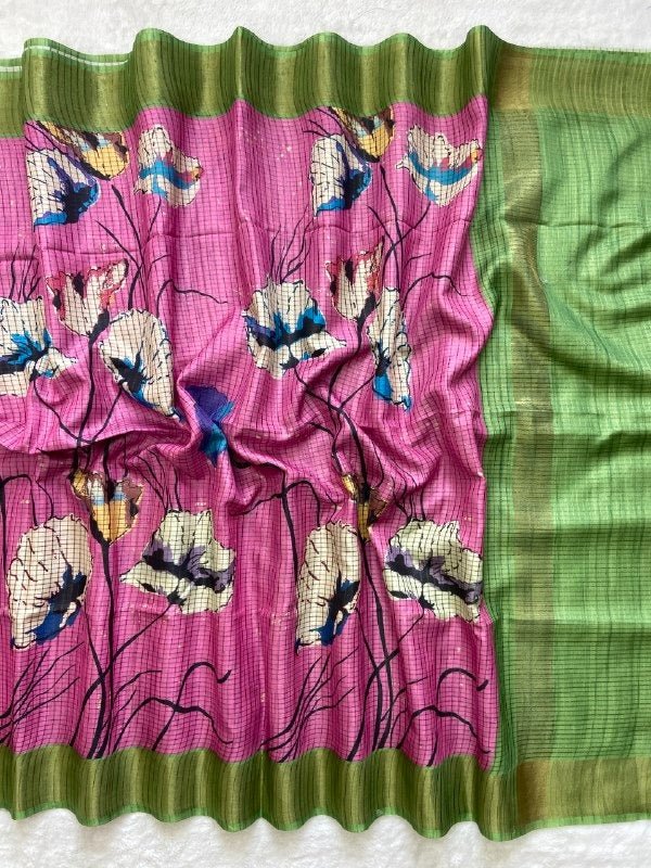 Soft Tussar Silk Saree with Heart Print & Checks | Tasselled Designer Blouse - Rosepetals Luxe