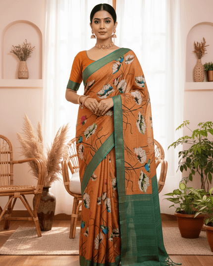 Soft Tussar Silk Saree with Heart Print & Checks | Tasselled Designer Blouse - Rosepetals Luxe