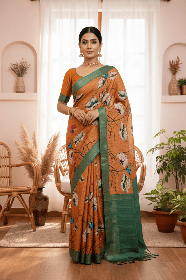 Soft Tussar Silk Saree with Heart Print & Checks | Tasselled Designer Blouse - Rosepetals Luxe