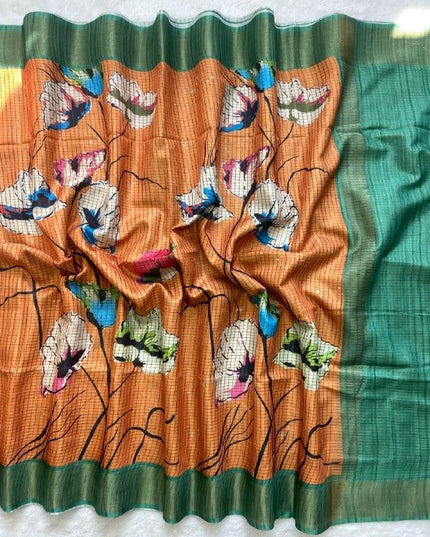 Soft Tussar Silk Saree with Heart Print & Checks | Tasselled Designer Blouse - Rosepetals Luxe