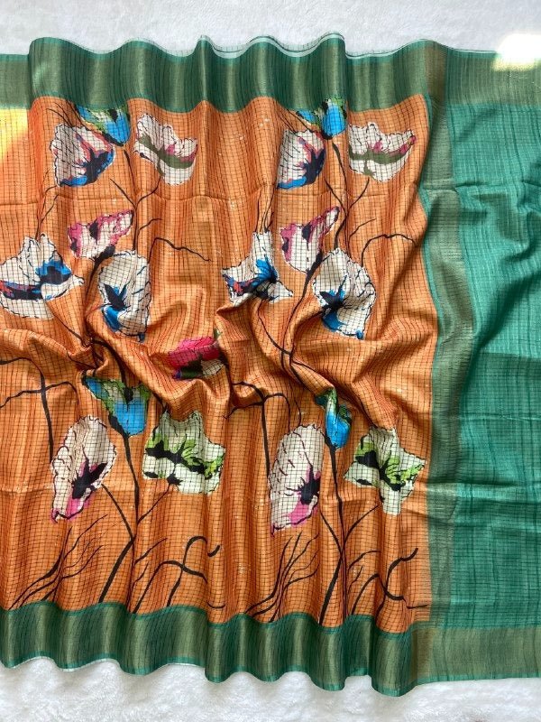 Soft Tussar Silk Saree with Heart Print & Checks | Tasselled Designer Blouse - Rosepetals Luxe