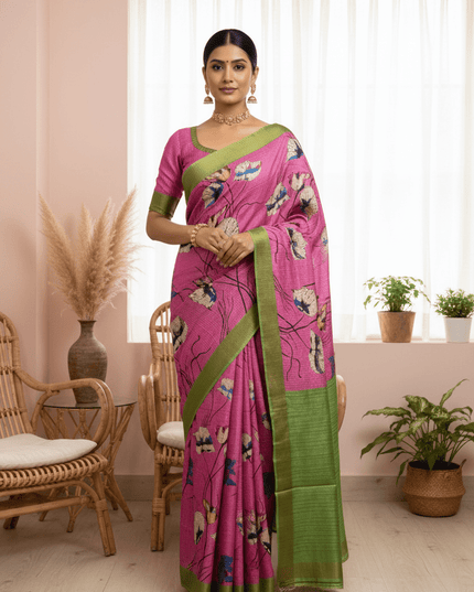 Soft Tussar Silk Saree with Heart Print & Checks | Tasselled Designer Blouse - Rosepetals Luxe