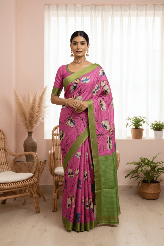 Soft Tussar Silk Saree with Heart Print & Checks | Tasselled Designer Blouse - Rosepetals Luxe