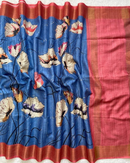 Soft Tussar Silk Saree with Heart Print & Checks | Tasselled Designer Blouse - Rosepetals Luxe