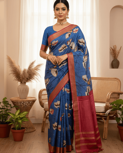 Soft Tussar Silk Saree with Heart Print & Checks | Tasselled Designer Blouse - Rosepetals Luxe