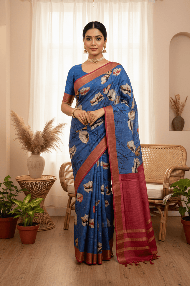 Soft Tussar Silk Saree with Heart Print & Checks | Tasselled Designer Blouse - Rosepetals Luxe