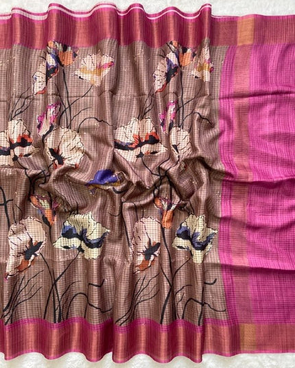 Soft Tussar Silk Saree with Heart Print & Checks | Tasselled Designer Blouse - Rosepetals Luxe