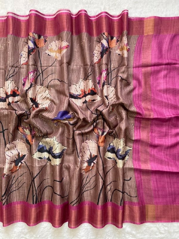 Soft Tussar Silk Saree with Heart Print & Checks | Tasselled Designer Blouse - Rosepetals Luxe
