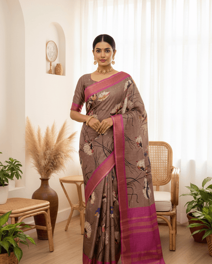 Soft Tussar Silk Saree with Heart Print & Checks | Tasselled Designer Blouse - Rosepetals Luxe