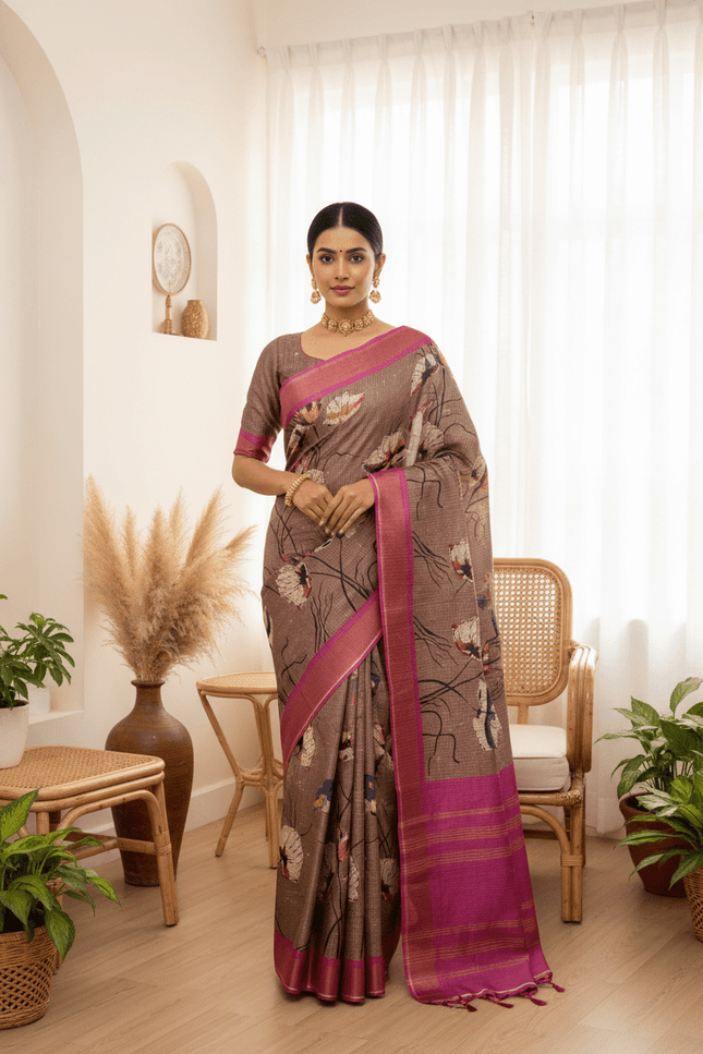 Soft Tussar Silk Saree with Heart Print & Checks | Tasselled Designer Blouse - Rosepetals Luxe