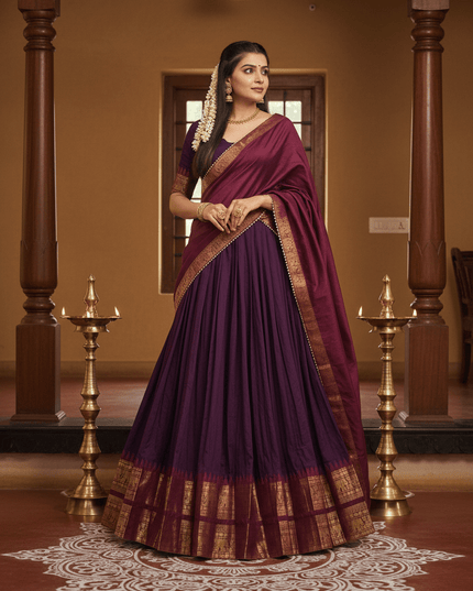 South Indian Festive Lehenga Set with Zari Woven Border, Gota Patti Dupatta and Unstitched Blouse - Rosepetals Luxe