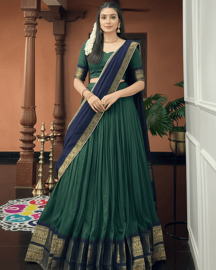South Indian Festive Lehenga Set with Zari Woven Border, Gota Patti Dupatta and Unstitched Blouse - Rosepetals Luxe
