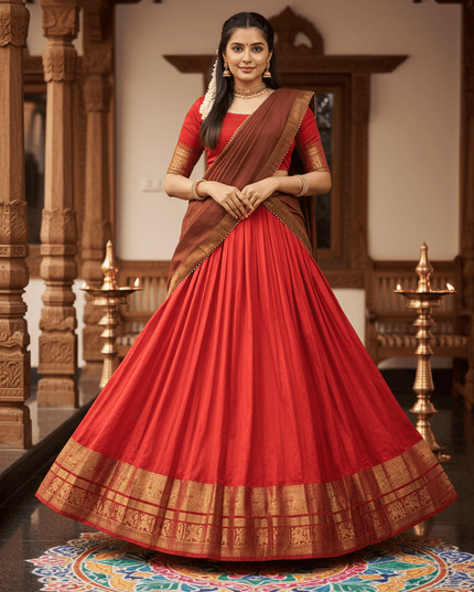 South Indian Festive Lehenga Set with Zari Woven Border, Gota Patti Dupatta and Unstitched Blouse - Rosepetals Luxe